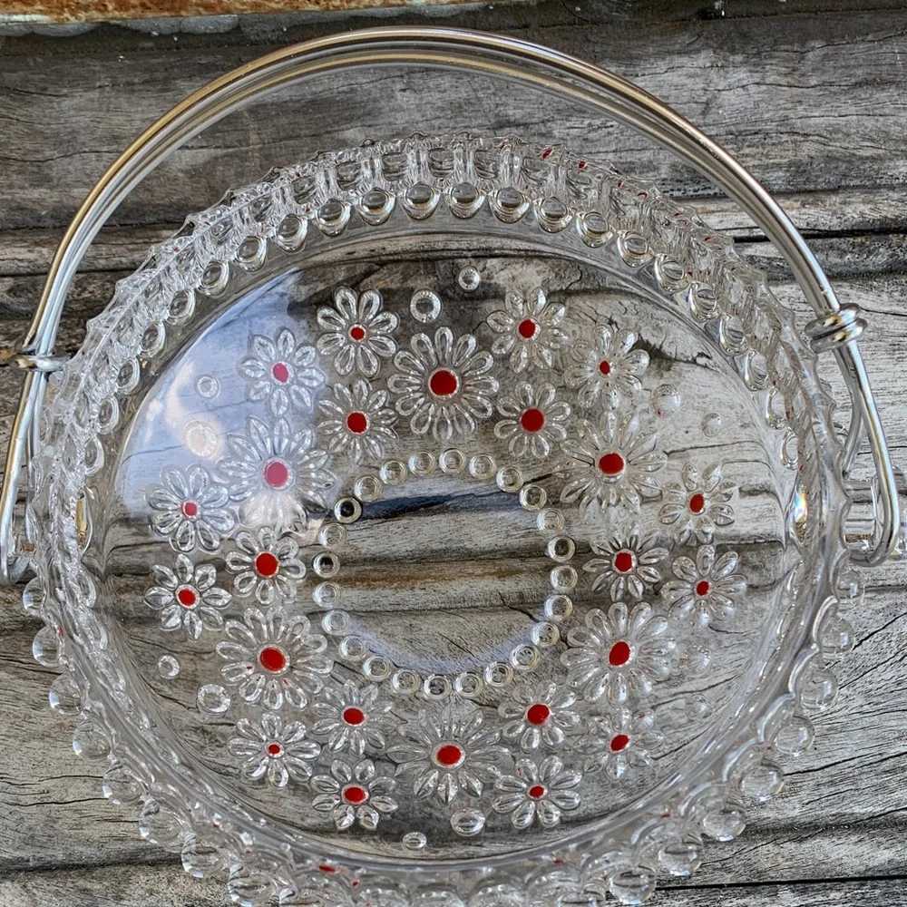 Vintage 70’s Walther Kristallglas Glass Daisy “Fabiola Basket Red Accent Dots - Picture 8 of 16